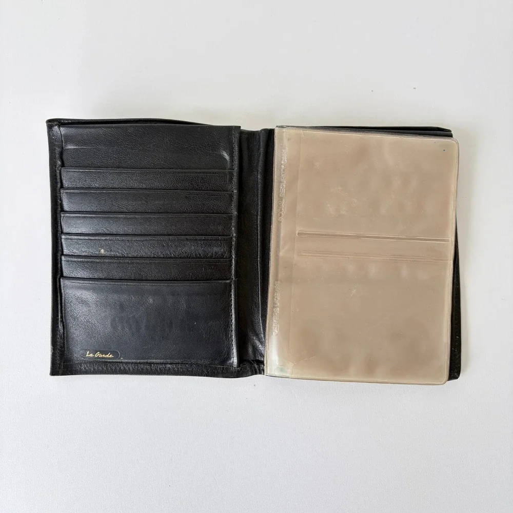 La Garde Mens Vintage Black Cowhide Leather Bifold Wallet Card Holder ID Window